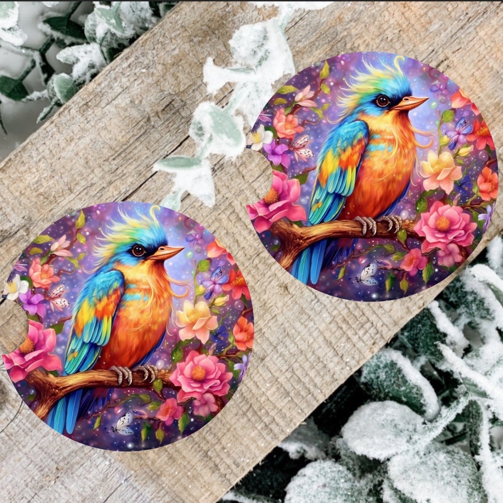 Handmade Perched Bird Car Coasters | New Set Of Two Sublimated Car Coasters